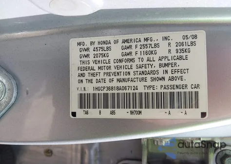 2008 Honda Accord Exl z USA, uszkodzony, nr VIN 1HGCP36818A067124